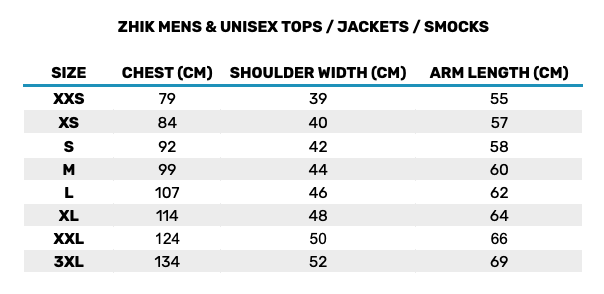 2025 Zhik Mens Unisex Top Jackets Smocks 0 Größentabelle